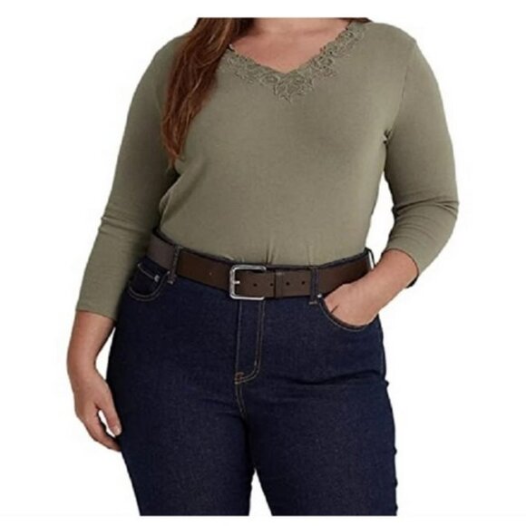 NWT Lauren Ralph Lauren Green Lace V-Neck Shirt, Size 3X, 3/4 Sleeves - Picture 4 of 7